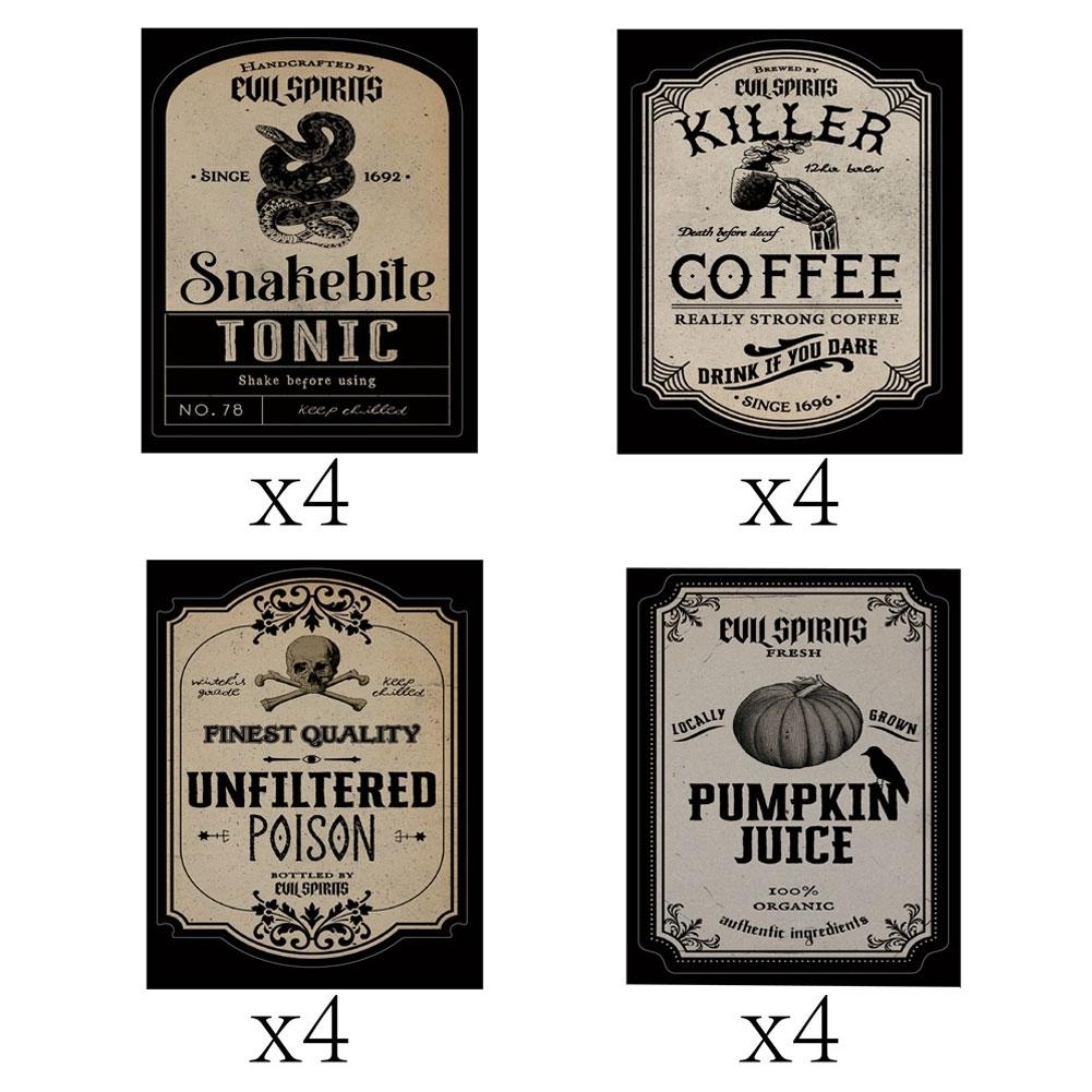 16Pcs/Pack Halloween Wine Bottle Labels Stickers Terror Skeleton Decorative Stickers for Beer and Beverages