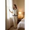 Lace Trim Women Pajama Set Short Sleeve Front Button Top & Full-Length Pants Heart Print 2 Pieces Sleepwear Nightwear Homewear