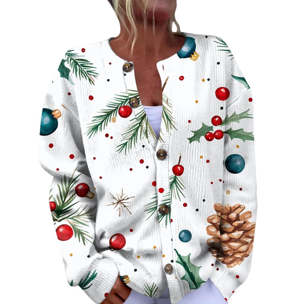 Women's Fashion Christmas Printed Long Sleeve Knitted Cardigan Button Down Jacket