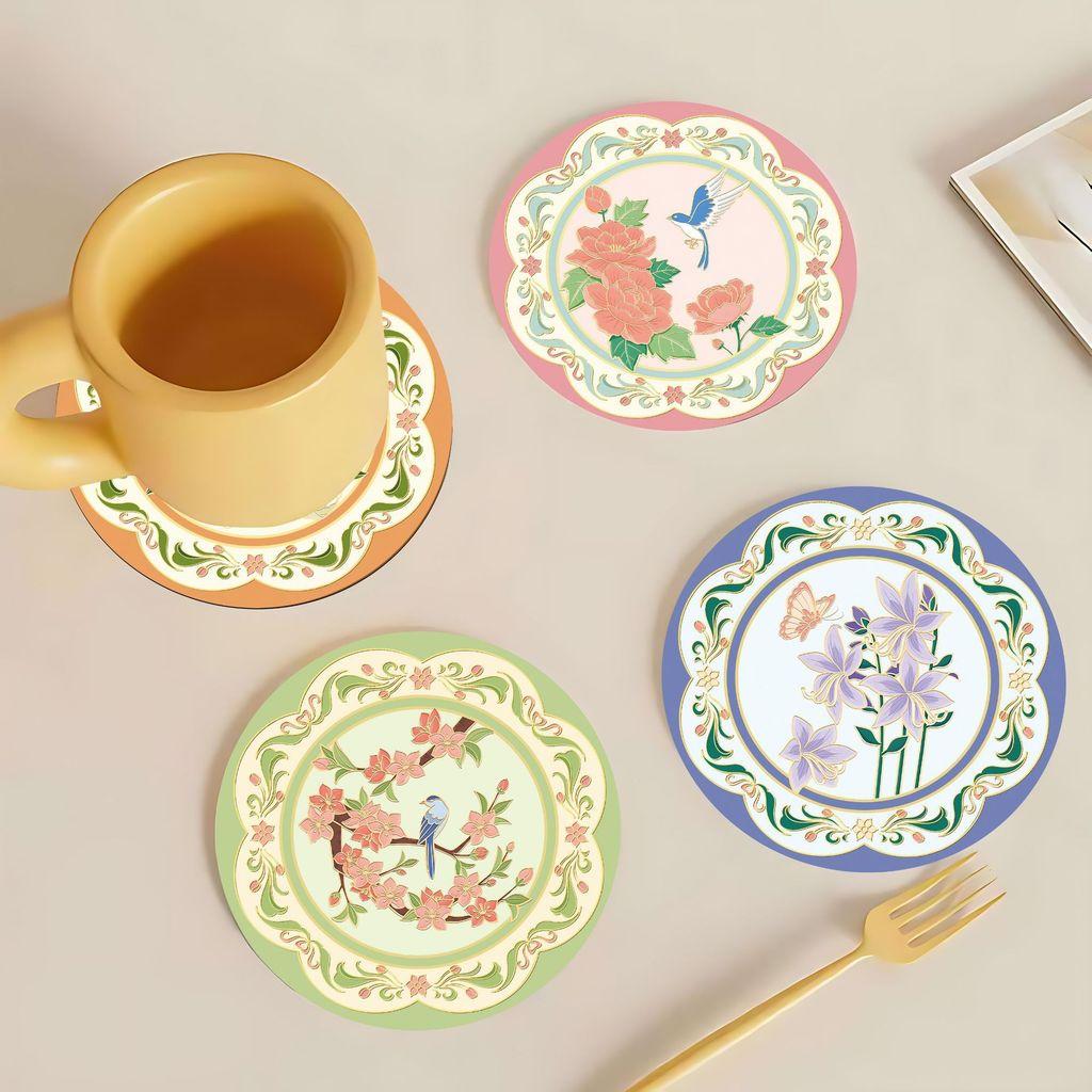 Floral Rubber Coaster Set With Thick Nonslip Material For Home Dining Decor