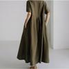 2026 Summer Large Loose Cotton and Hemp Casual Dress Elegant New Round Neck Short Sleeve A-line Dress Female Fashion Solid Color Simple Clothing