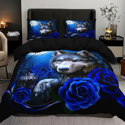 Juego de funda nórdica de moda con estampado de lobo y rosa azul, funda nórdica suave para dormitorio, habitación de invitados, 1 funda nórdica + 2 fundas de almohada