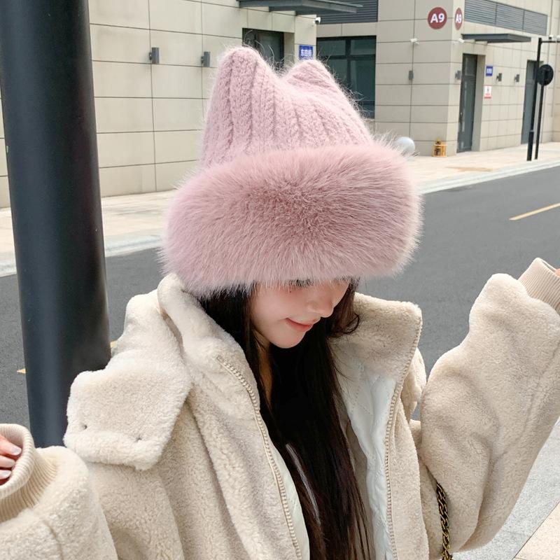Rabbit Fur Knitted Hat Women'S Winter Cold-Proof And Warm Basin Hat Imitation Mink Ear Protection Cute Cat Ear Thickened Plush Mongolian Hat