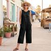 Women's Fashionable Color Button Sleeveless Pocket Casual Retro Wide Leg Seven Part Jumpsuit