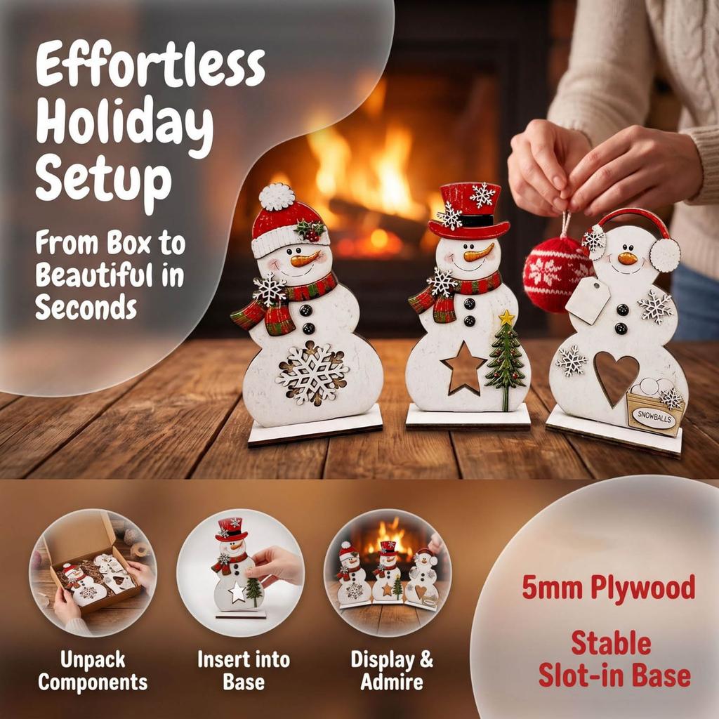 Christmas Wooden Snowman Figurine, Desktop Decoration and Creative Gift