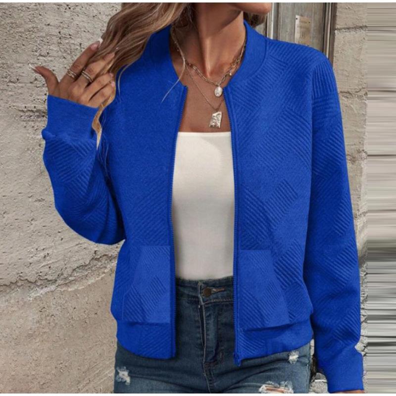Giacca a collo alto a maniche lunghe da donna, con cerniera completa, leggera, casual, sportiva, in cotone tinta unita, ampia