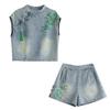 Embroidered denim suit women's summer dress small retro age-reducing shorts two-piece set