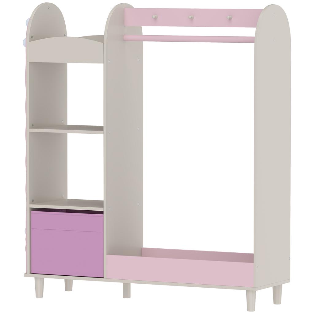 Kids Clothing Rack, Kids Wardrobe with Glowing Lights Mirror, Non-Woven Drawer and Shelves for Bedroom, Ages 3-8, Pink