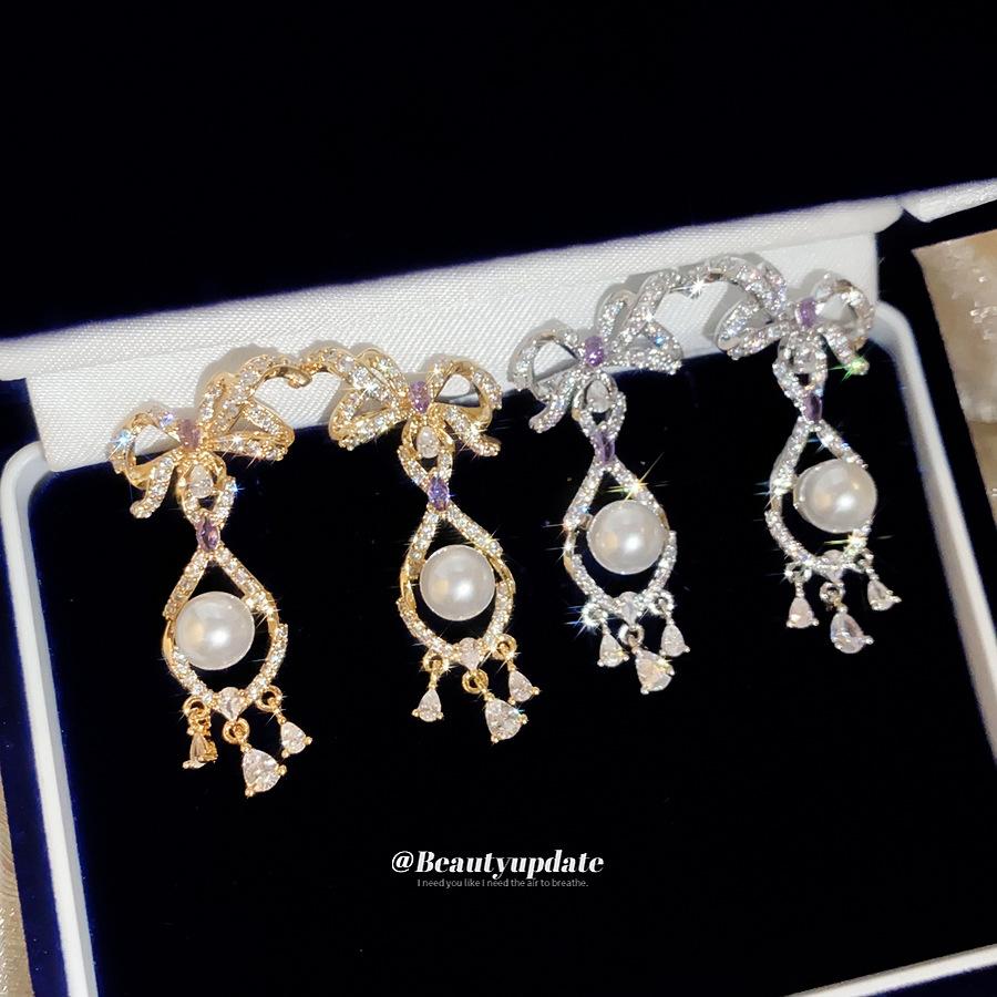 18K Real Gold Electroplated Silver Needle Zircon Bow Water Drop Fringed Stud Earrings, Ins Light Luxury Exquisite High-end Earrings for Women