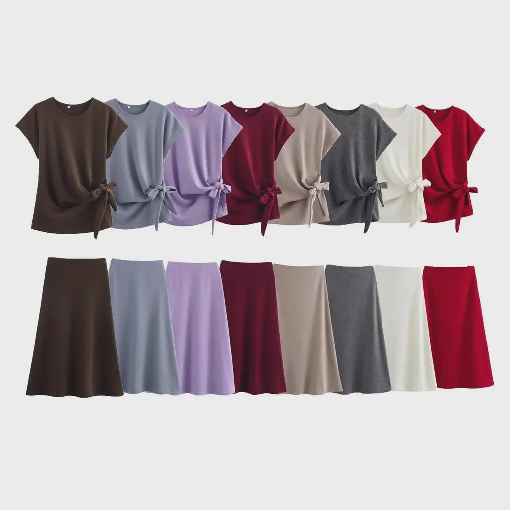 Women's Round Neck Knitted Top + A-Line Skirt Set