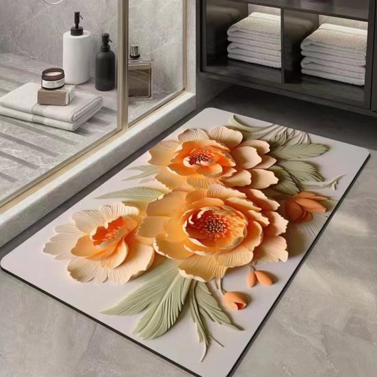 3D Floral Bath Mat Diatomaceous Earth Absorbent Floor Mat Anti Slip Realistic Oil Painting Flowers Bathroom Rug for Home Entrance Shower Kitchen