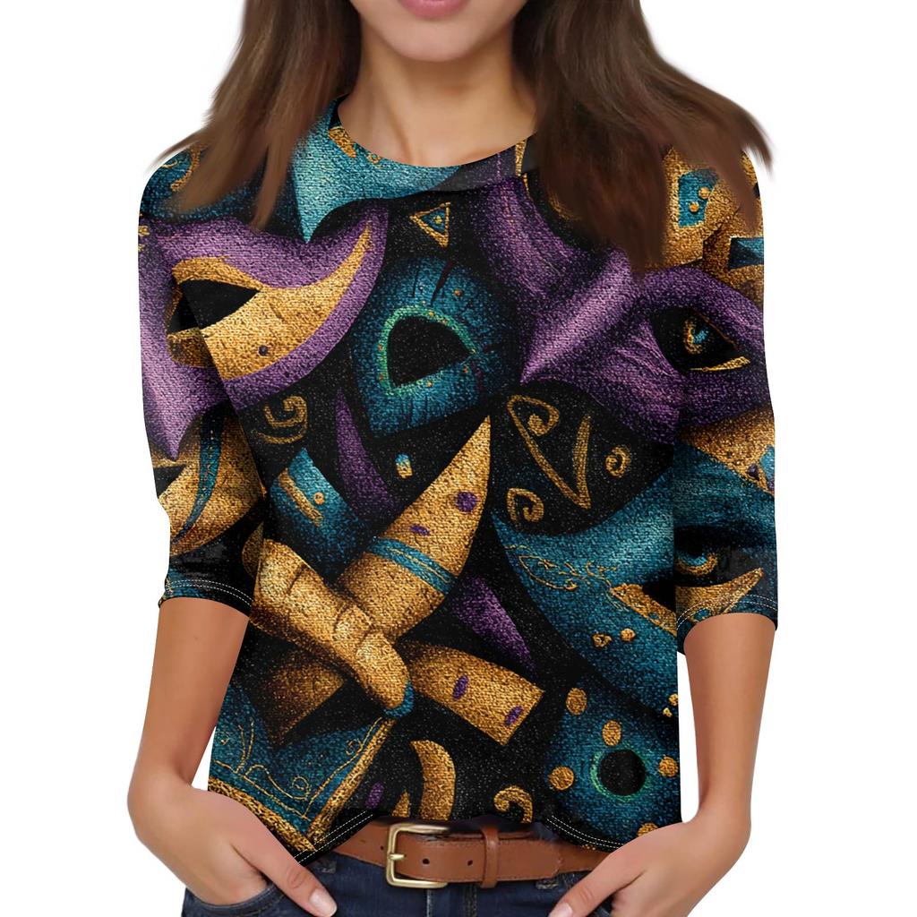 Damen Modisches Lässiges Dreiviertelarm Karnevals-Print Neck Top