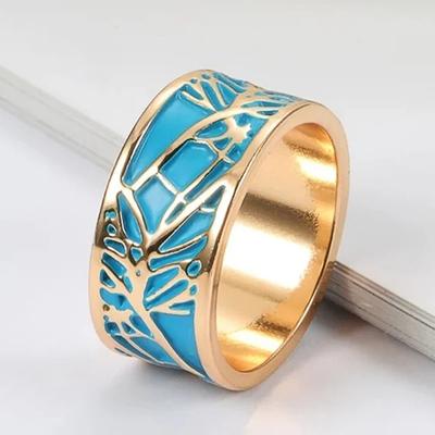 Huitan Creative Women Rings Engraved Design with Blue Enamel Handmade Finger Accessories Anniversary Gift Statement Jewelry Bulk