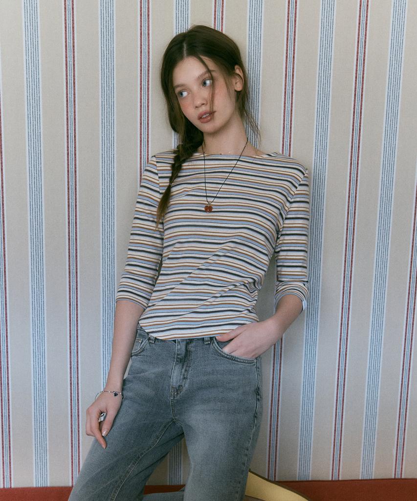 ROEM [Roem X Eunchae] Striped Scoop Neck T-Shirt Rmhwg26Yt3