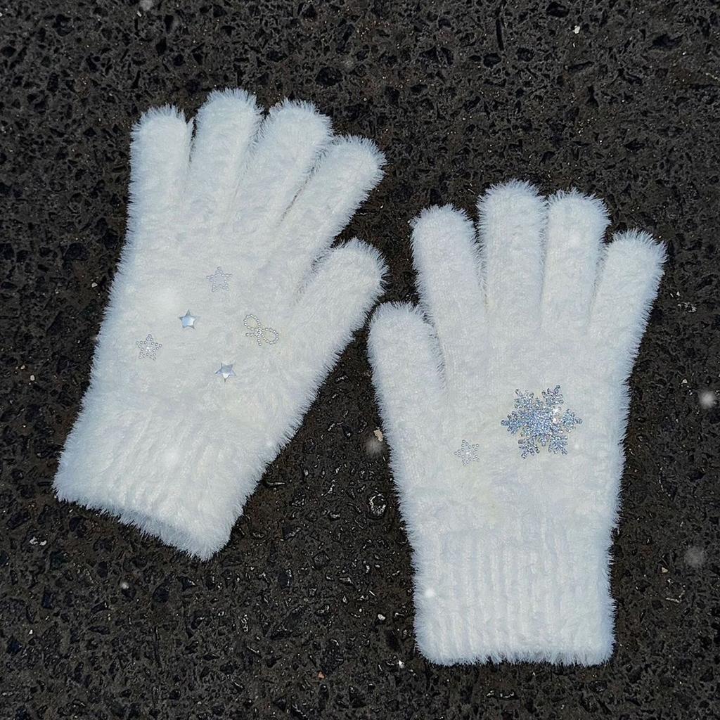 Snowflake Full Finger Gloves for Women Fashion White Short Gloves Cashmere Like Gloves for Teens Girl Casual Hand Warmer