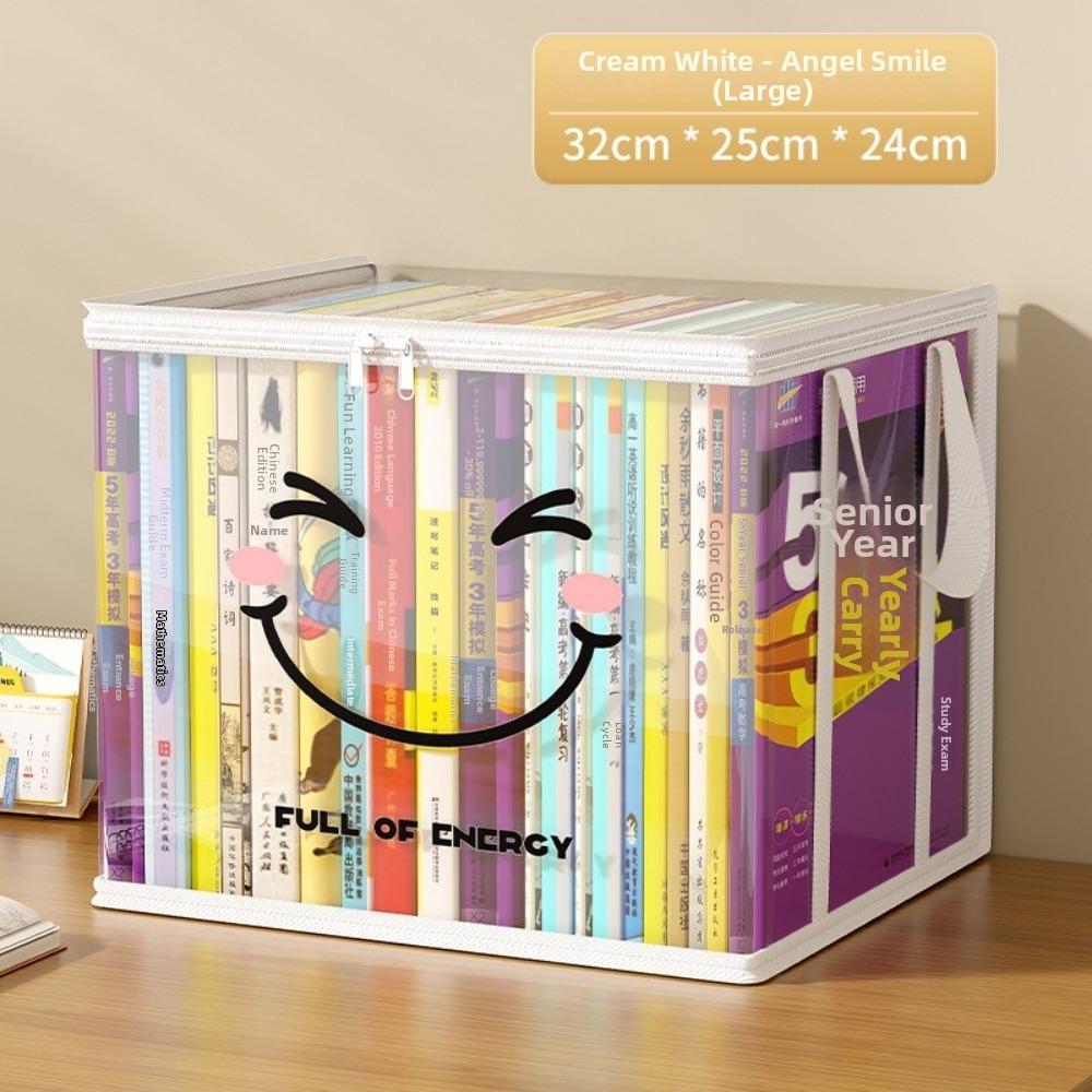Große quadratische Buchaufbewahrungstasche PVC Transparenter Deckel Design Aufbewahrungsbox Reißverschluss Fröhliches Gesichtsmuster Organizer-Behälter Heimorganisation