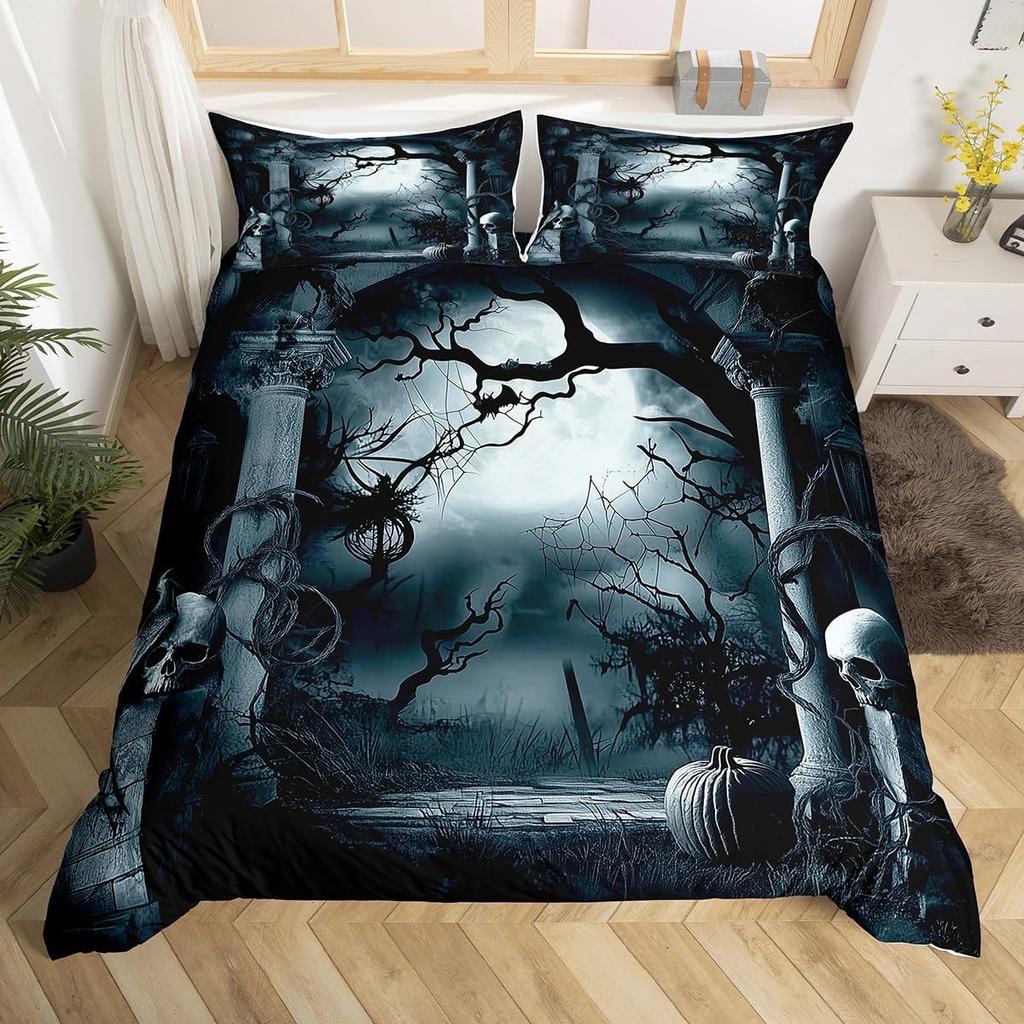 Halloween Bedding Set Full, Pumpkin Lantern Duvet Cover Castle Bat Pattern Comforter Cover, Cartoon Horror Festival Quilt Cover
