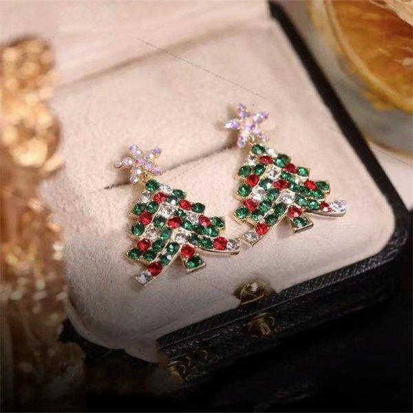 Boucles d'oreilles Puce Pendantes Étoile Cristal Zircon Arbre de Noël Couleur Argent Bijoux Xmas Cadeau Fête Femme Vente Chaude 2026