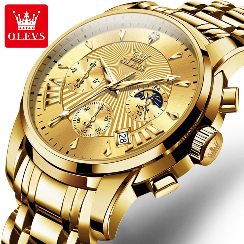 OLEVS Mens Watches Top Brand Luxury Moon Phase 24 Hour Chronograph Quartz Watch Stainless Steel Waterproof Sport Wristwatches