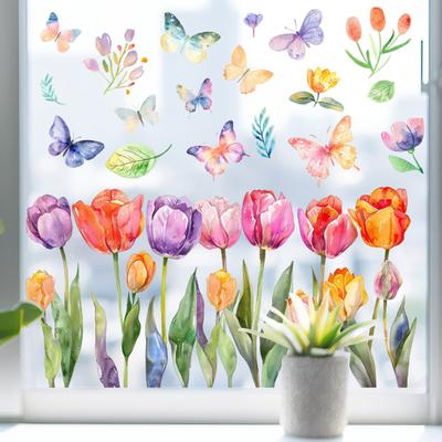 Φυλλα αυτοκόλλητων παραθύρου με σχέδιο λουλουδιών Ζωντανό Χρώμα Τουλίπα Πεταλούδα Σχέδιο PVC Γυαλί