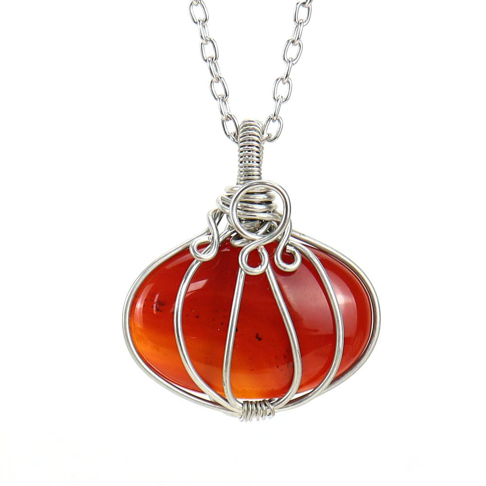 Handmade Winding Natural Stone Crystal Agate Tiger Stone Halloween Pumpkin Lamp Pendant Necklace N599