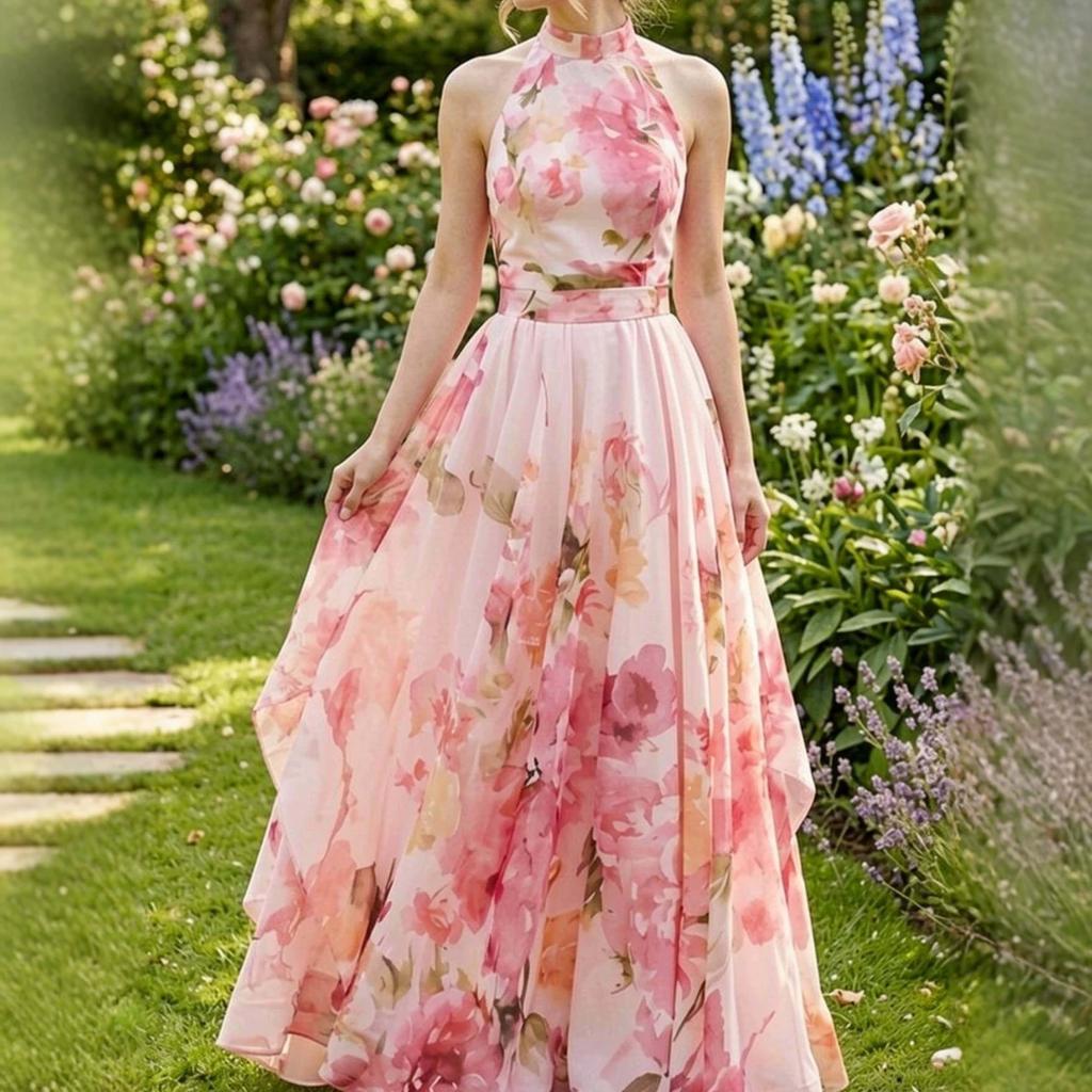 Europa, Amerika, Amazon 3D-Digitaldruck, Aquarellblumen-Druck Hals-Taille Pendel Langes Kleid