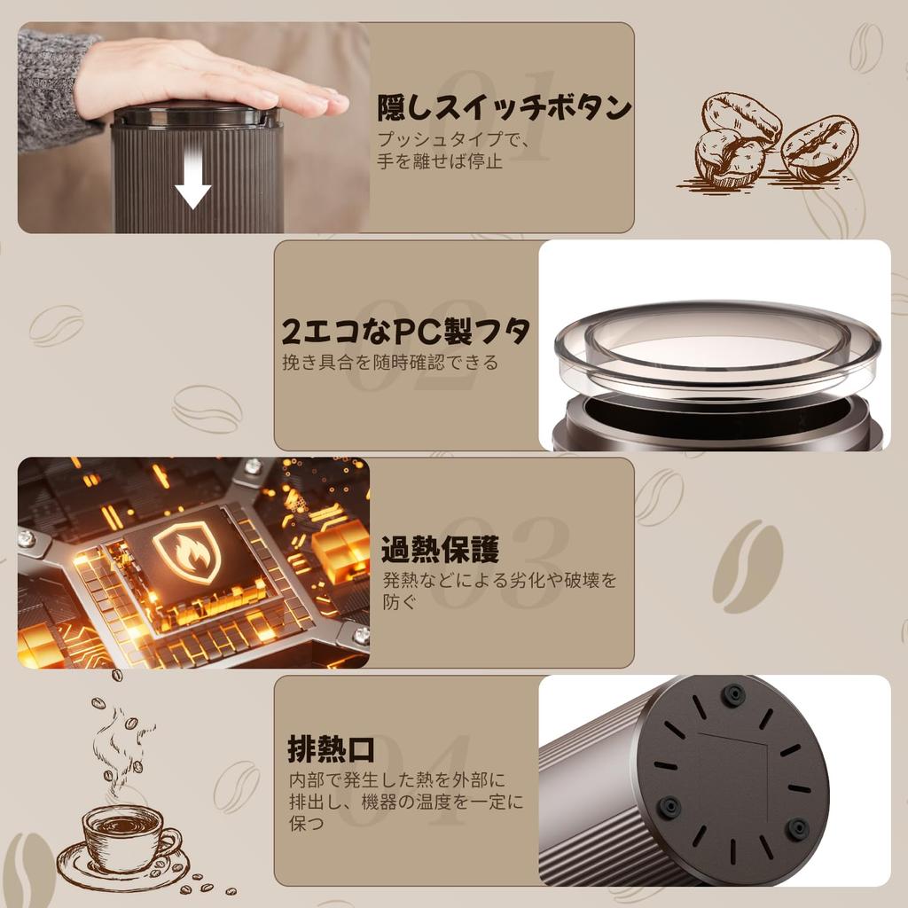 Kompakte elektrische Kaffeemühle mit Mahlwerk, mahlt Kaffeebohnen, automatische Abschaltung, mahlt Bohnen, grünen Tee, japanischen Pfeffer, Chilischote, Pfeffer,