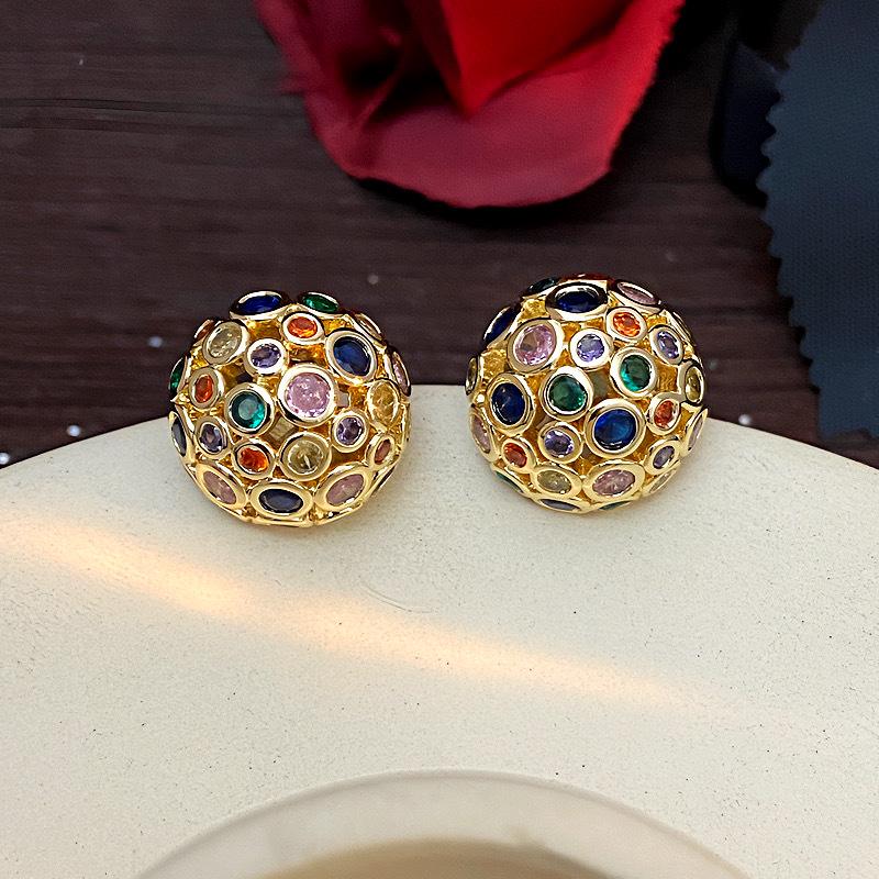Vintage Spherical Stud Earrings with Colorful Zircon - Retro Court-Style Luxury