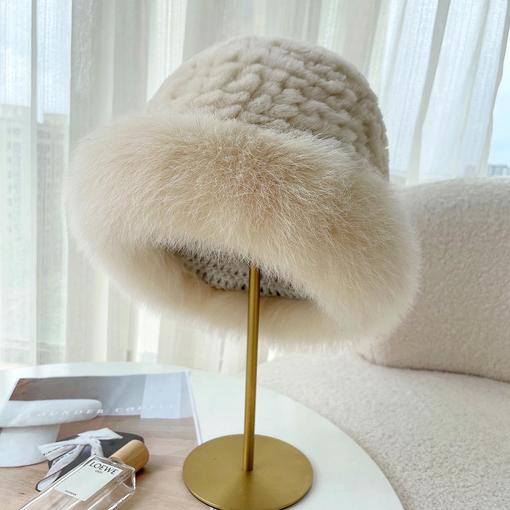 Women Luxury Winter Hat Real Rex Rabbit Fur Bomber Hats Lady Winter Genuine Fox Fur Cap Beanies Warm Soft Fluffy Natural Fur Hat