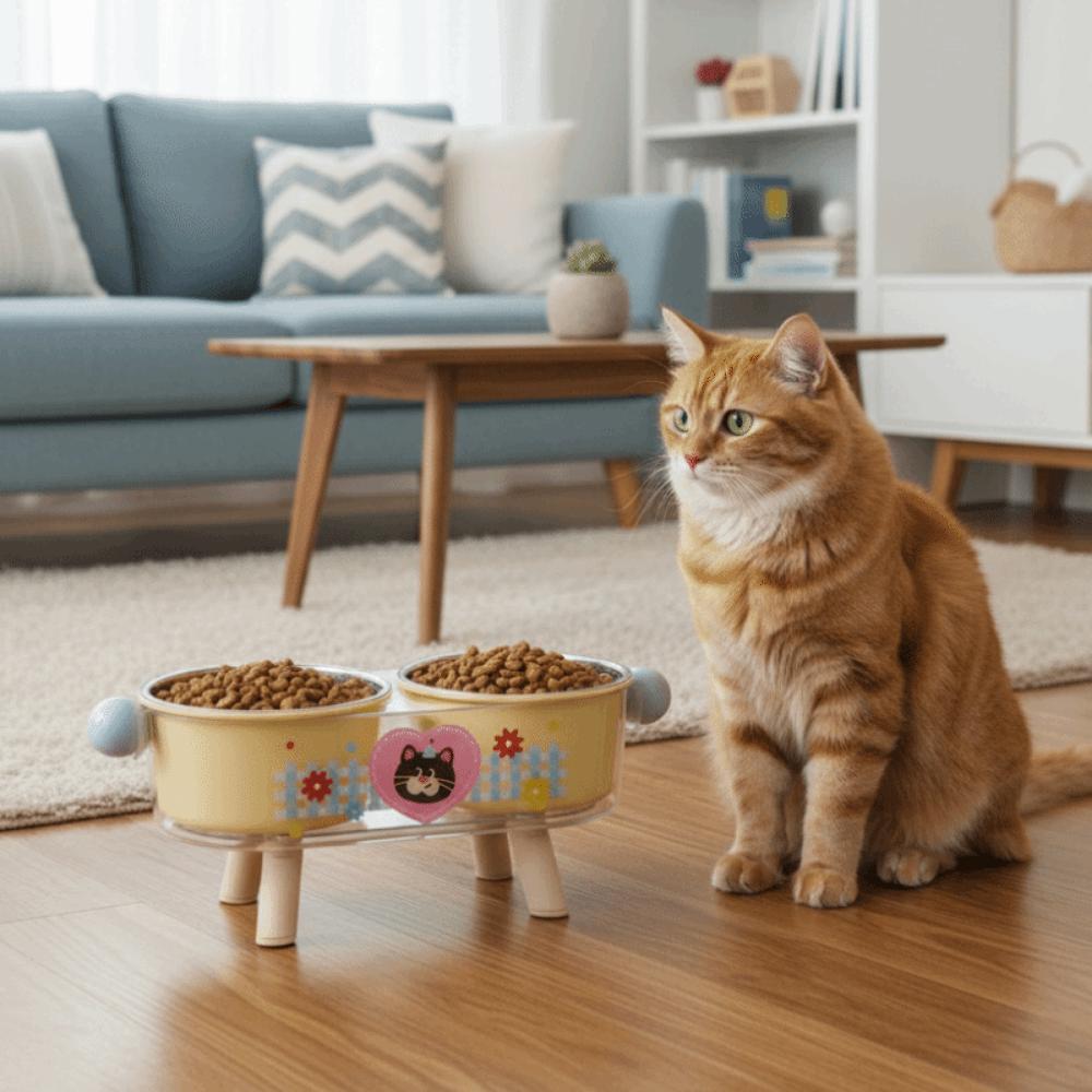 Stainless Steel Elevated Cat Bowl Double Bowls Non-Slip Neck Protection Bowl Neck Support Cute High Foot Dog Feeder Easy Clean