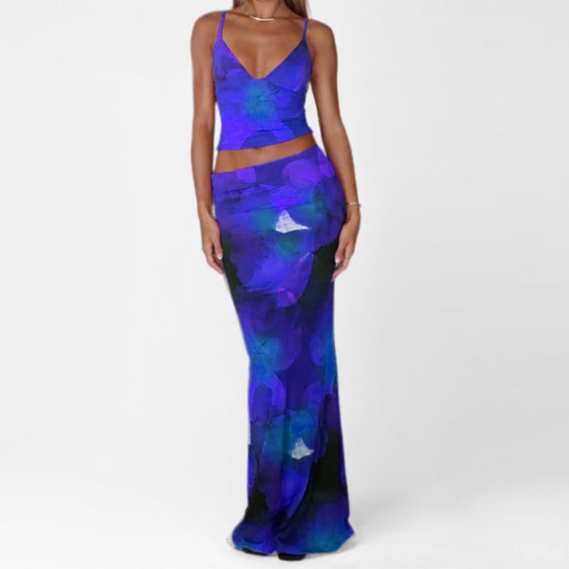 Damen Sommer Mode Bedruckt Sexy V-Ausschnitt Weste Schlanker Rock Anzug