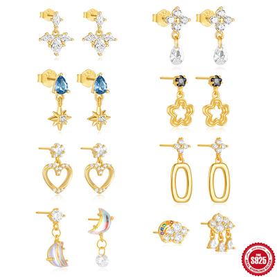 Ab Style Commuter Simple Wear S925 Sterling Silver Tetragonal Shape Blue Zircon Love Stud Earrings
