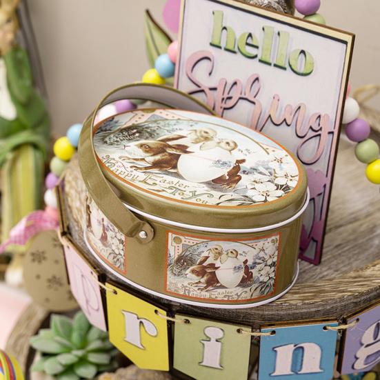 Happy Easter Treat Box with Handle Flat Egg Shape Candy Box Cartoon Bunny Pattern Portable Iron Art Biscuit Cookie Box Kids Gift Easter Party Favors