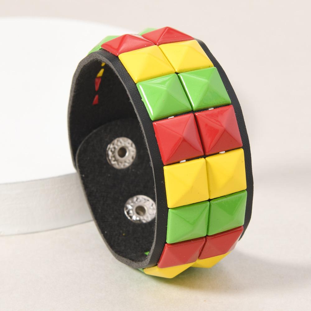 Hip Hop Rock Wide Wrap Bangle Hand Rainbow Color Block Spiked Bracelet for Men Women Punk Rivet Leather Cuff Bracelets