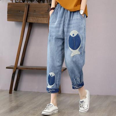 Retro Vintage Denim Kırpılmış Pantolon, Büyük Boy kadın İlkbahar Ve Sonbahar Gevşek Günlük Kot