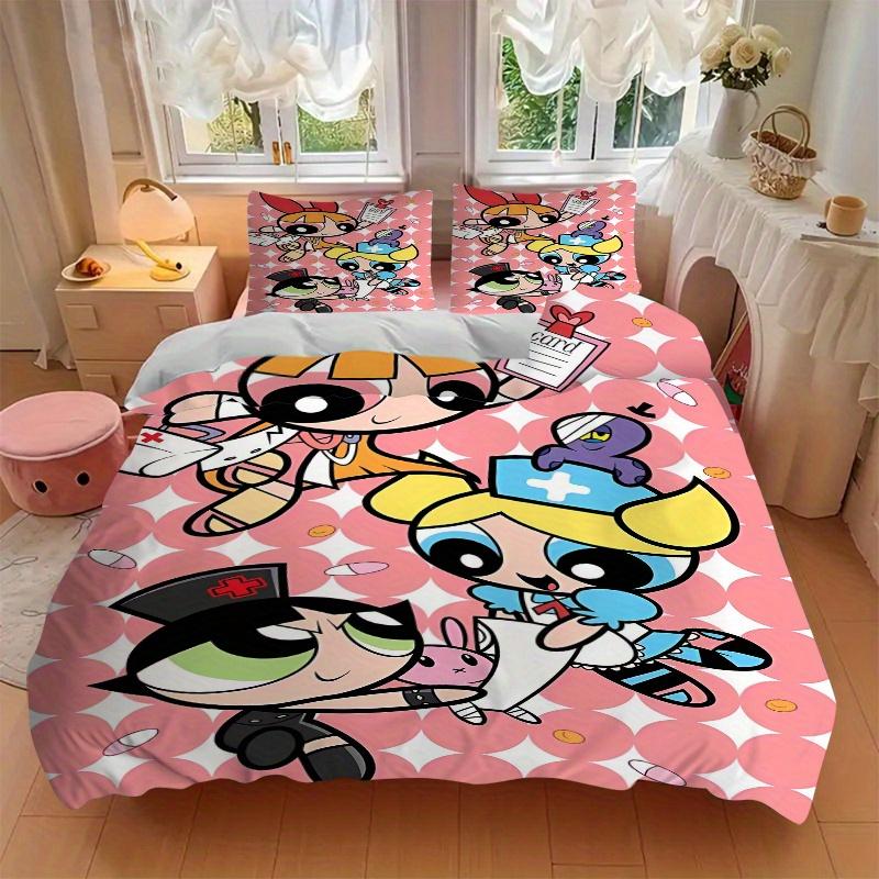 3pcs Powerpuff Girls Printed Quilt Set - Includes 1 Quilt Cover and 2 Pillowcases, Machine Washable - Suitable for All Seasons.F068