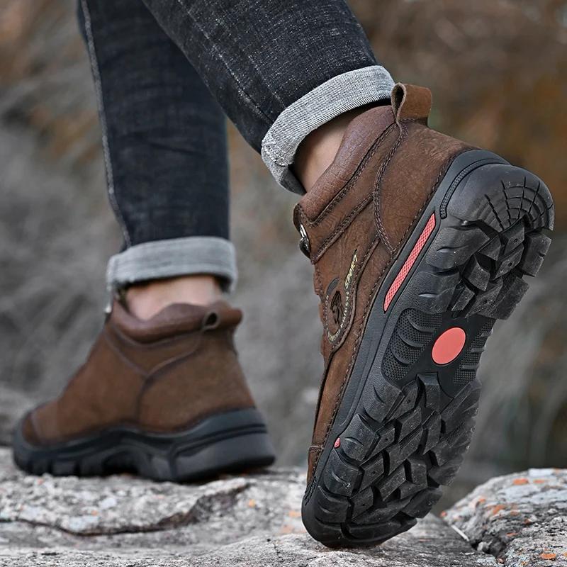 Fashion Winter Outdoor Warm Plush Men's Mountaineering Boots Soft Sole Comfortable Hiking Shoes Ankle Boot Genuine Leather Snow Boots