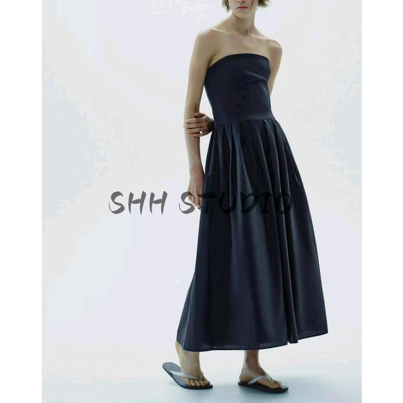 Summer New Women's Pleated off-the-Shoulder Fitted Waist Poplin Tube Top French Evening Dress Length Dress 4661219