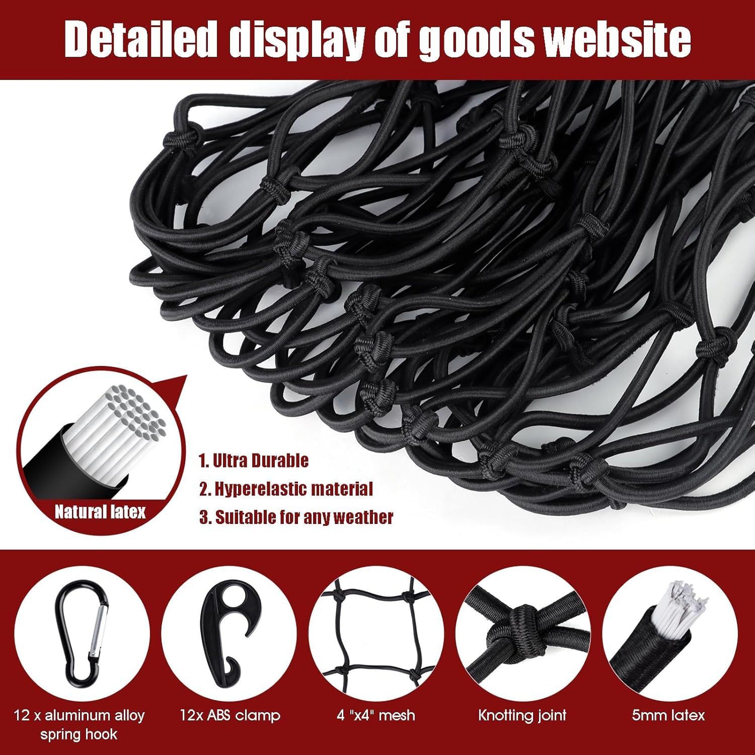 Прочная сетка для груза для кузова пикапа - 1,2 м x 1,8 м, растягивается до 3 м x 4,5 м - Мелкая ячейка 10x10 см из латексных bungee-шнуров с 24 зажимами - Совместима с Ford,