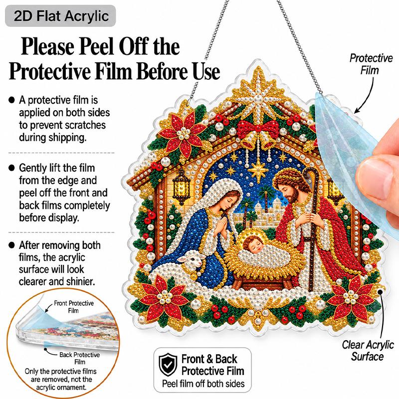2D Flat Nativity Scene Pearl Diamond Painting Hanging Ornament, Mixed‑Sized Pearl Beads Craft Acrylic Hanging Kits, 9.72Inch/7.76Inch Two Sizes