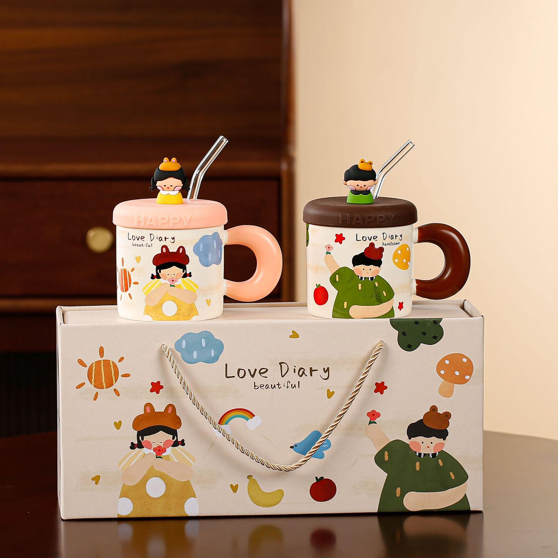 

Hand Gifts for Home Gift Box with Lid Straw Cup Large Capacity Ceramic Cup Cartoon Cute Mug Couple Cup 380ML