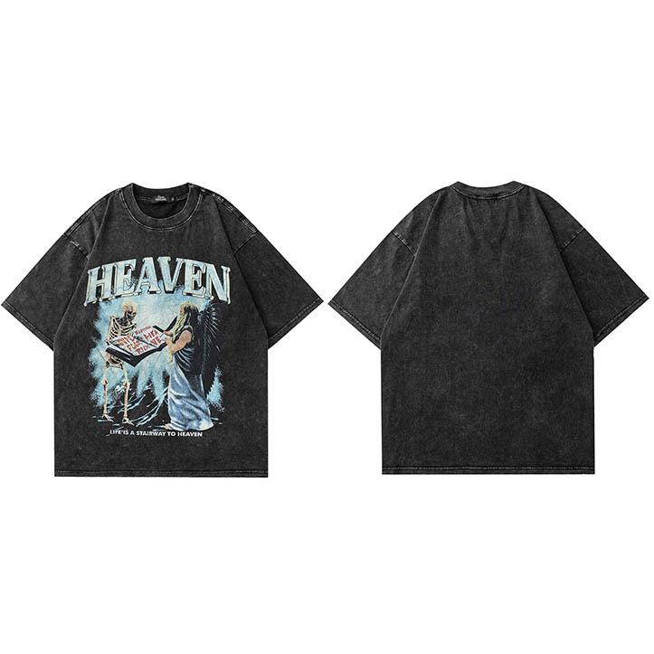 

Hip Hop Streetwear Washed Black Tshirt Men Angel Skull Skeleton Graphic T Shirt Harajuku Cotton TShirt Summer Tops Tees M