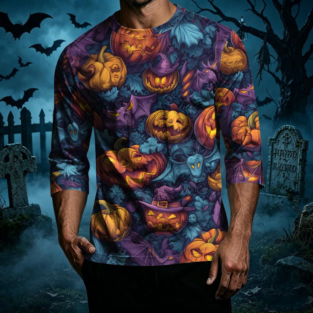 Men's Casual Halloween Print Raglan Sleeve T-Shirt Crew Neck Three Quarter Sleeve Top for Everyday Wear Comfortable Fit