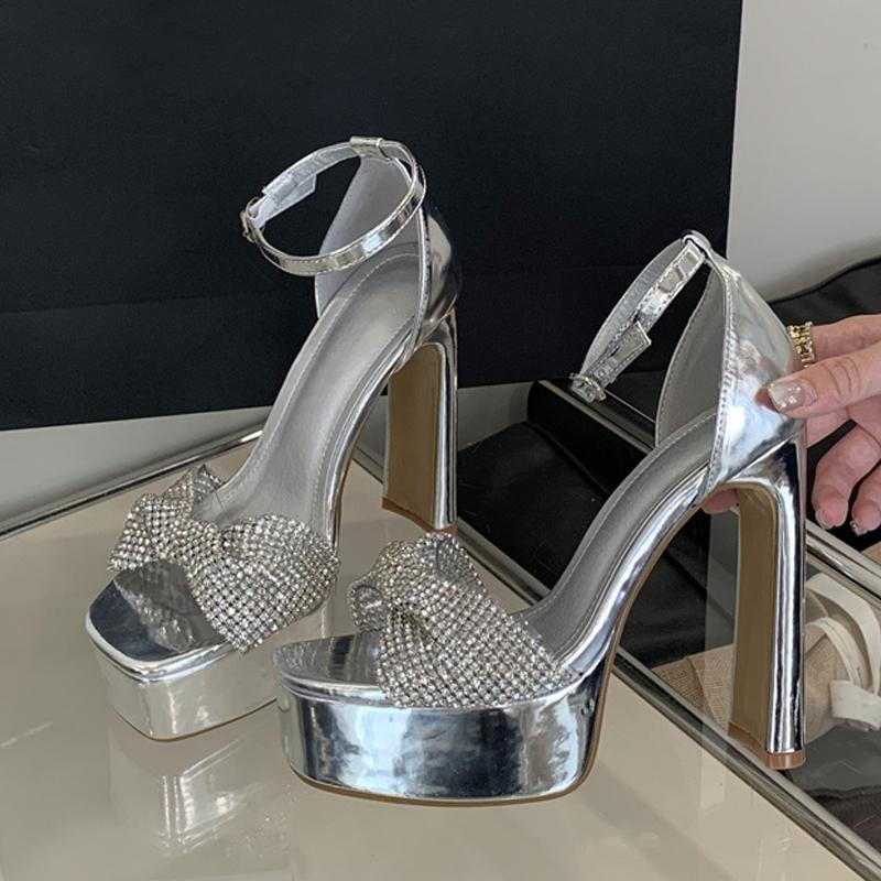 Fashion Design Pleated Crystal Rhinestone PVC Women 13CM High Heels Platform Sandals Elegant Square Toe Wedding Prom Shoes