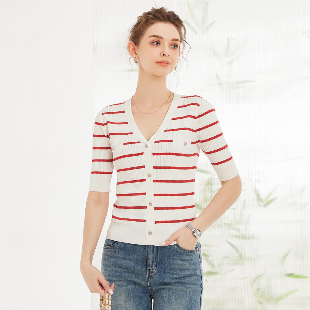 Fashionable Anti-aging Contrasting Striped V-neck Knitted Sweater for Women In Summer, Simple and Elegant Slim Fit Top