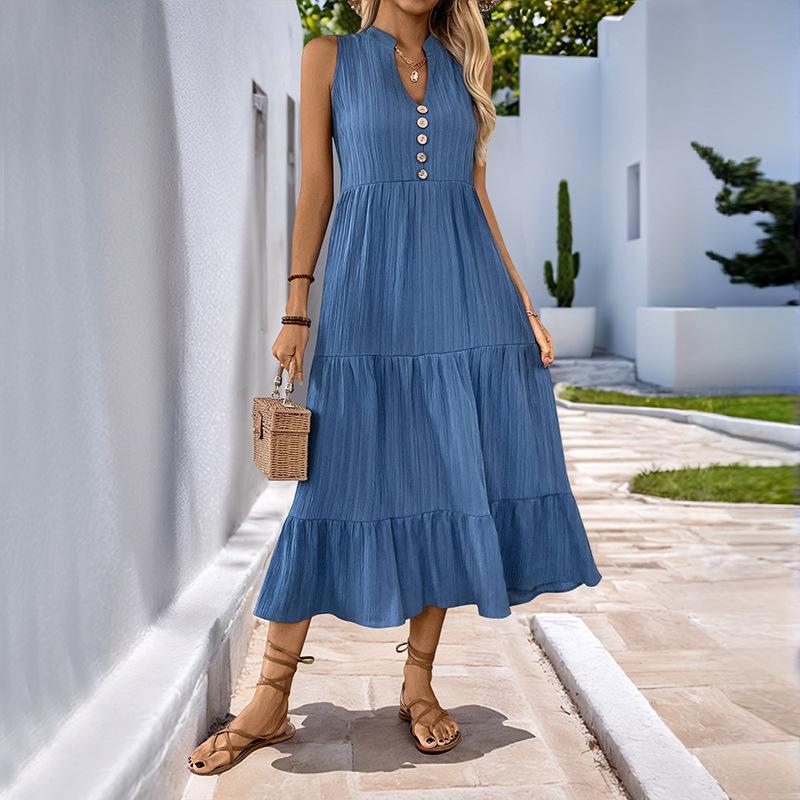 Women's V-Neck Button Detail Ruffled Maxi Dress In Blue, Beige, Green, Pink – Sleeveless Casual Summer Dress