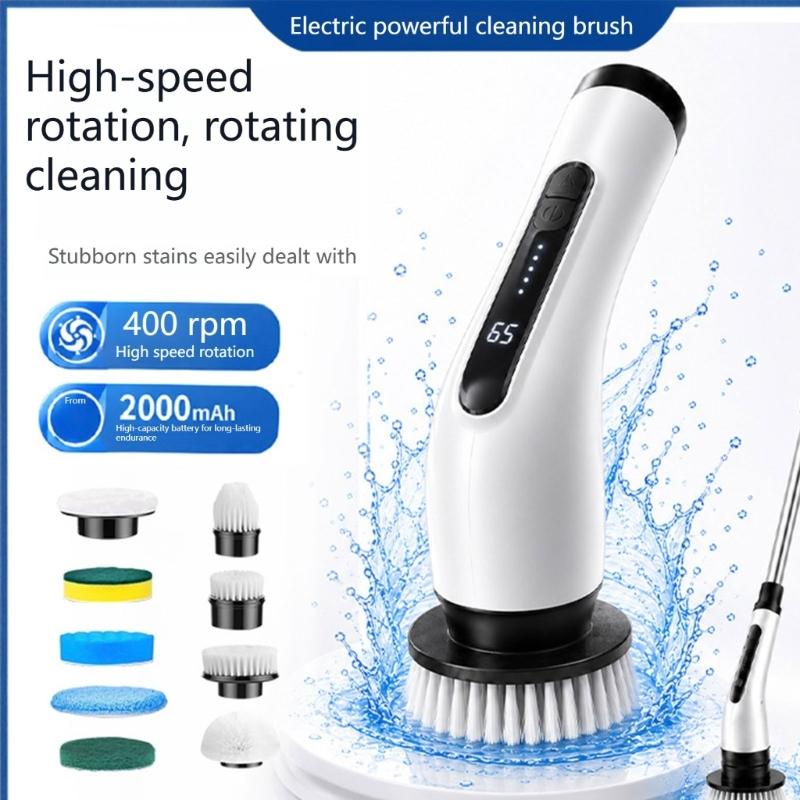 Rechargeable Power Scrubber with 2000 mAh Battery, Long Handle, and Round Brush Head for Sinks, Stovetops, Tile Grout, and Bathroom Edges