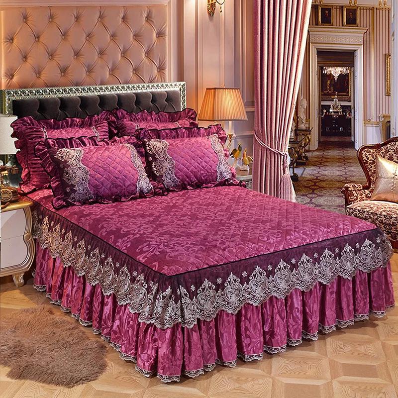 

Европейская кружевная юбка-кровать, однотонное утолщенное покрывало на кровать, хрустальное бархатное покрывало королевского размера с наволочкой, домашний текстиль 3 Pcs 150x200cm