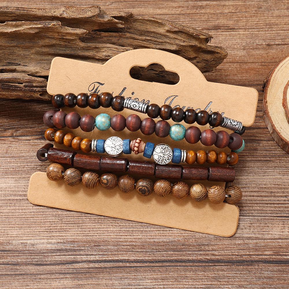 Peace Tree Wenge Wood Multi-layer Bead Bracelet Set - Retro European/American Style