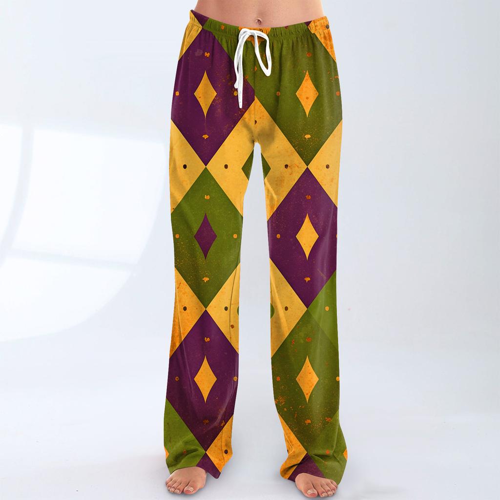 Ladies' Loose And Casual Carnival Printed Wide Leg Pants With Elastic Waistband Drawstring And Pocket Pants